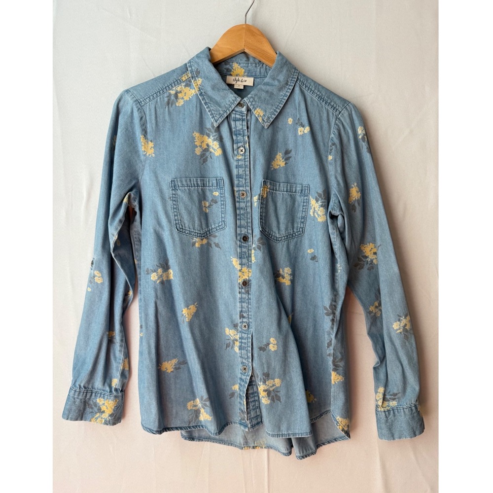 Style & Co Button Down Shirt Wms S Small Blue Yellow Cottagecore Floral Chambray